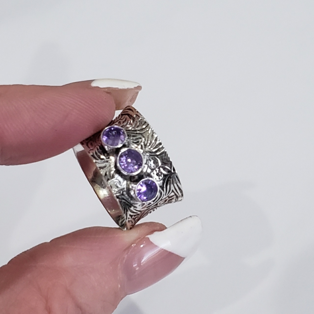 Amethyst ring, 925 silver amethyst ring, silver amethyst wide band ring - Picture 7 of 12